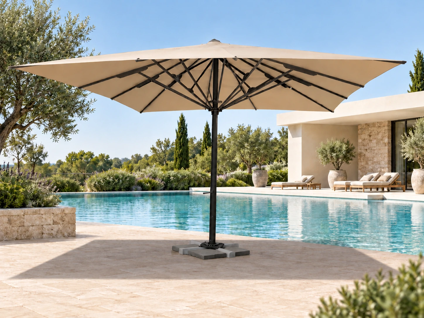 Parasol EXCELLENCE carré de 5 × 5 mètres, toile beige, près d’une piscine