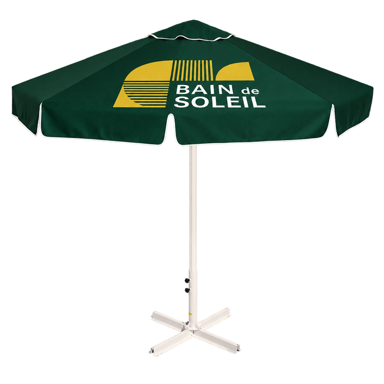 Parasol vert personnalisé avec le logo Bain de Soleil, sans fond blanc