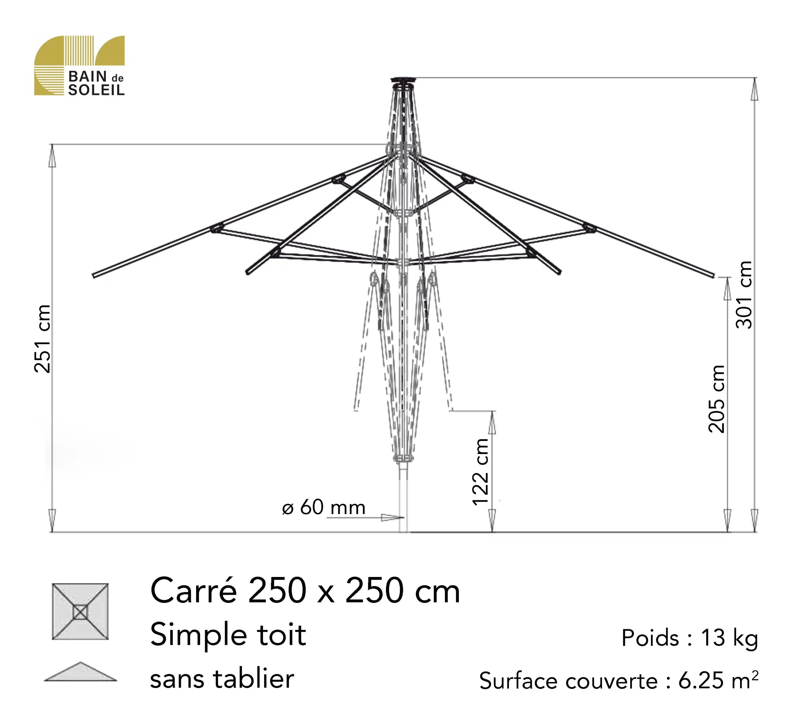 Schéma coté MILA 2,5 × 2,5 m