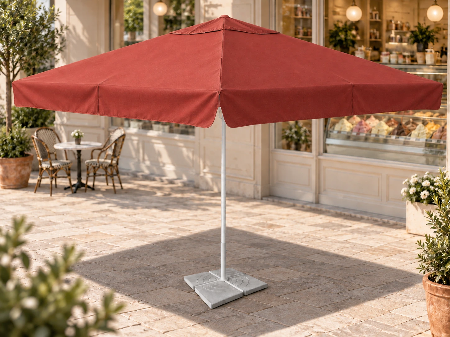Parasol SOFIA carré de 3,5 × 3,5 mètres, toile terracotta