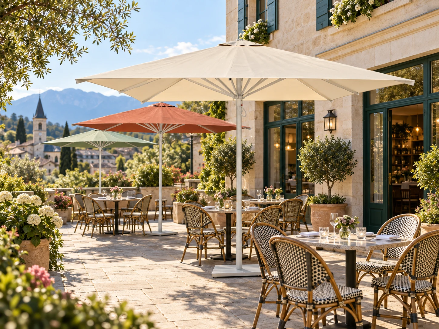 Terrasse de restaurant accueillante avec des parasols écru, terracotta et vert doux